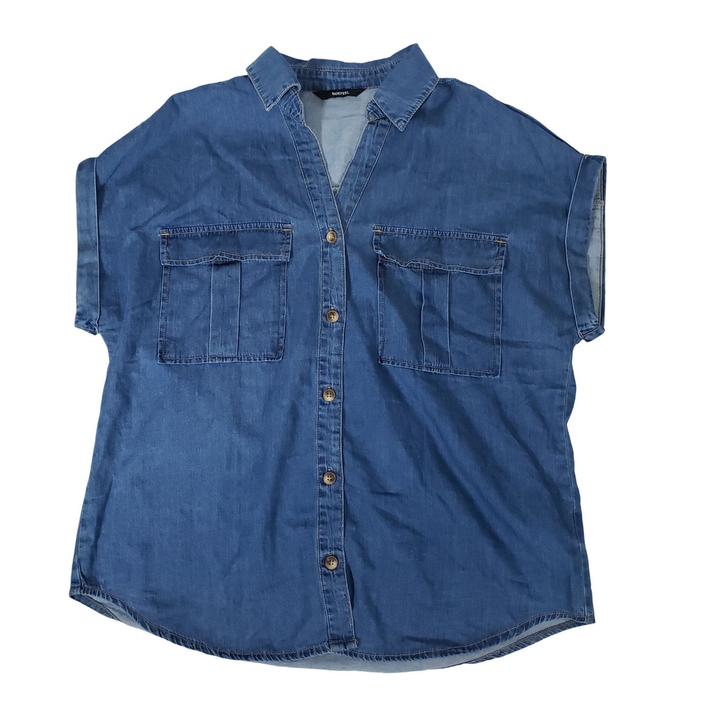 Sidefeel Mens Blue Cotton Short Sleeve Denim Button Down Shirt Large Utility Top